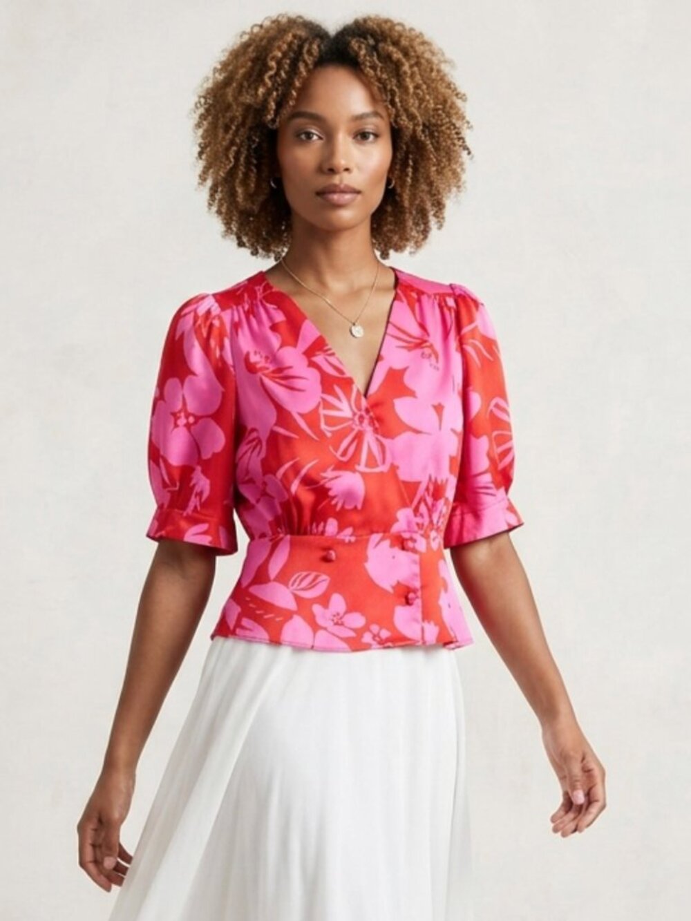 SUGARLIPS Pink & Red Satin Floral Faux Wrap Peplum Blouse Sz XS
